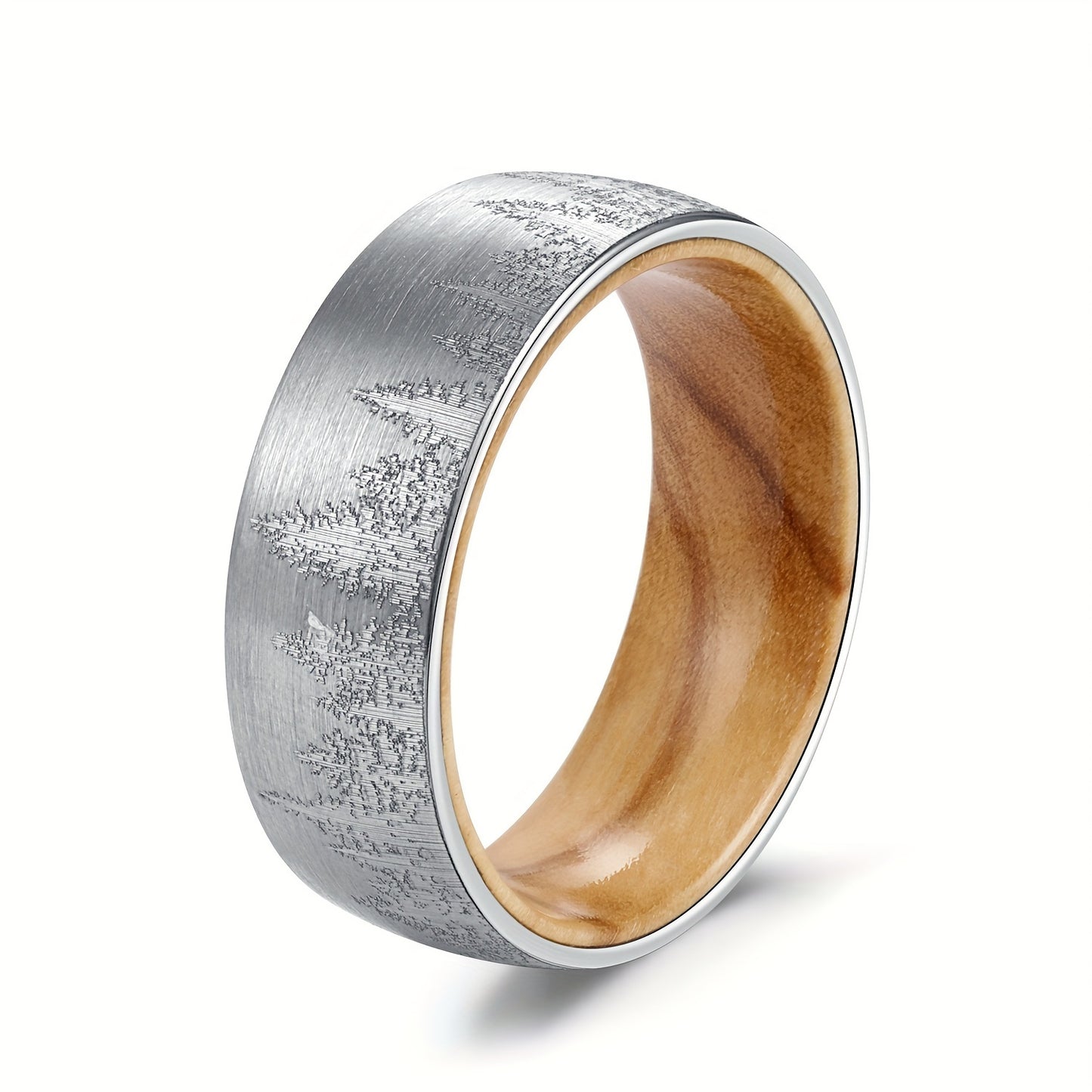 1pc Men's 8mm Forest Mountain Ring, Men's Tungsten Steel Wood Liner Ring