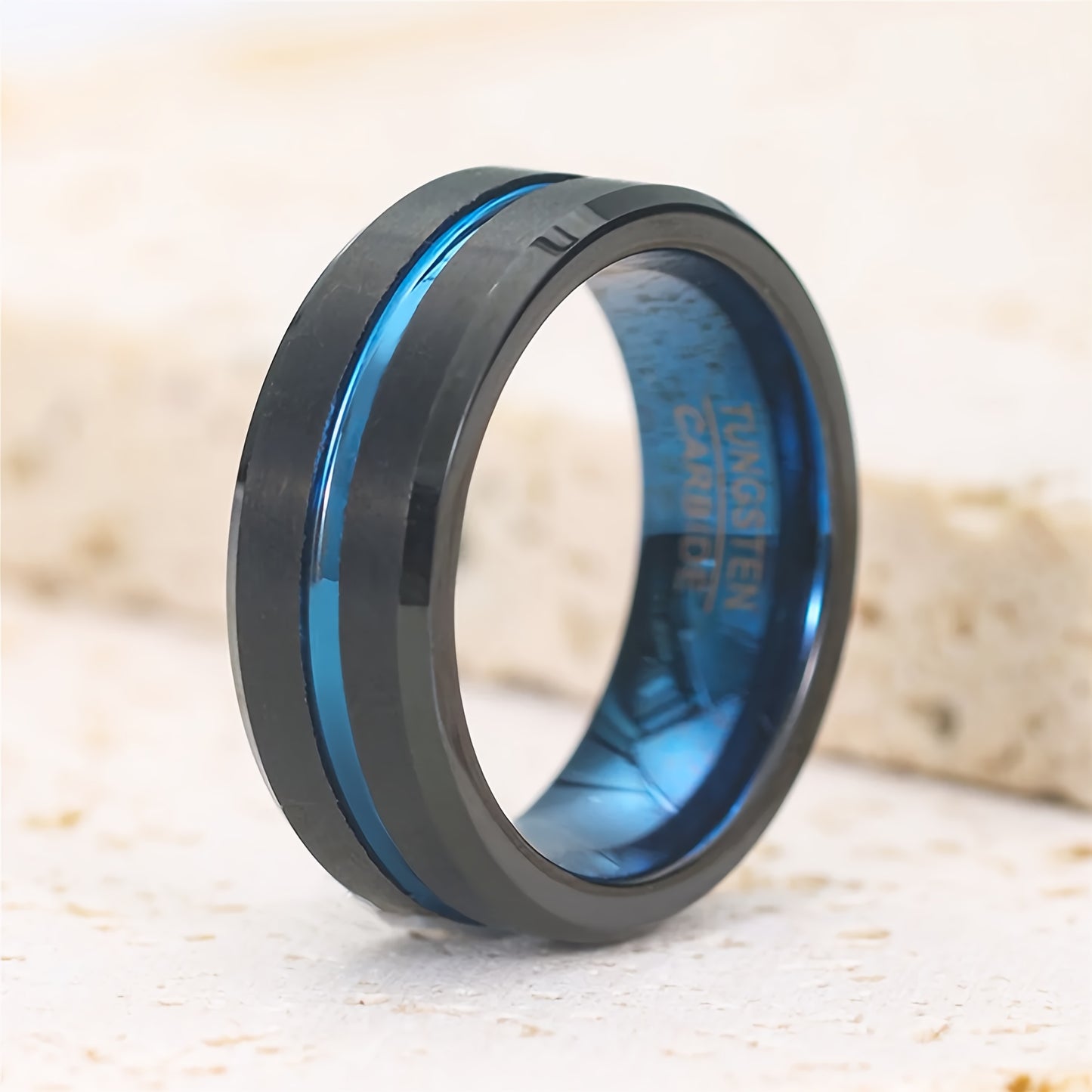 8mm Tungsten Ring For Men Black Blue Wedding Bands With Center Beveled Edges Men's Ring