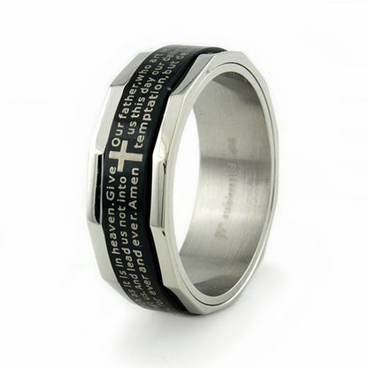 Stainless Steel Our Father Lord Prayer Two Tone Mens Spinner Ring 8MM, Spinner Stress Relieve, Jesus Bible