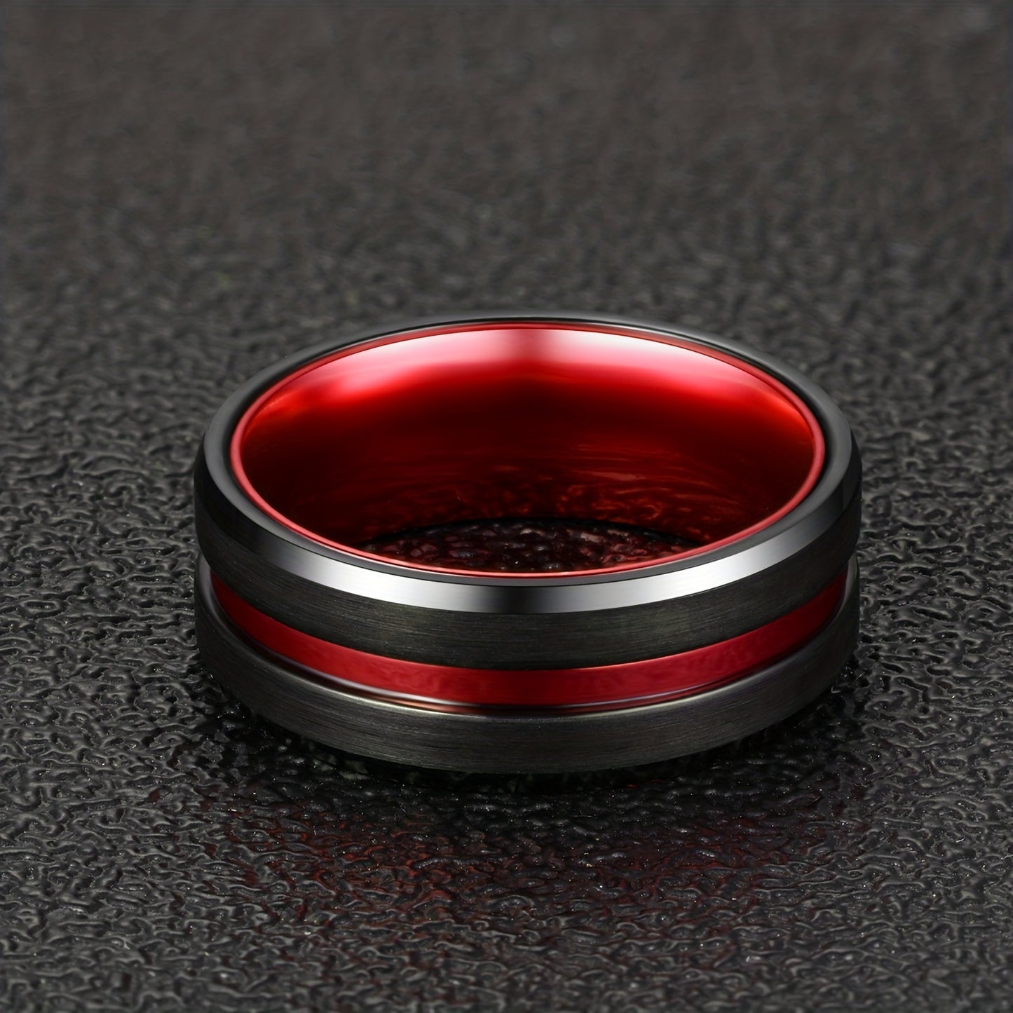 1pc Sleek Tungsten Wedding Band for Men & Women - 8mm Black Plated with Red Aluminum Liner