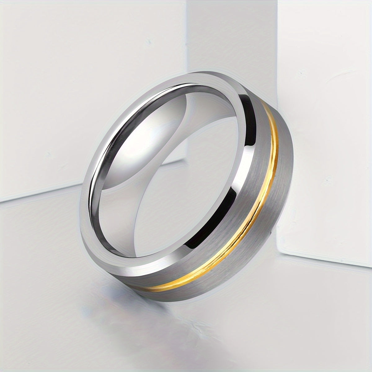 Tungsten Steel Wedding Band - 6mm/8mm, Silvery Two-Tone with Grooved Center Design