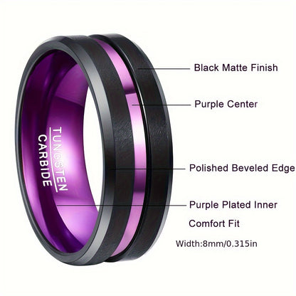 Men's 8mm Tungsten Carbide Ring Black Brushed Finish Purple Line Comfort Fit Size 8-15